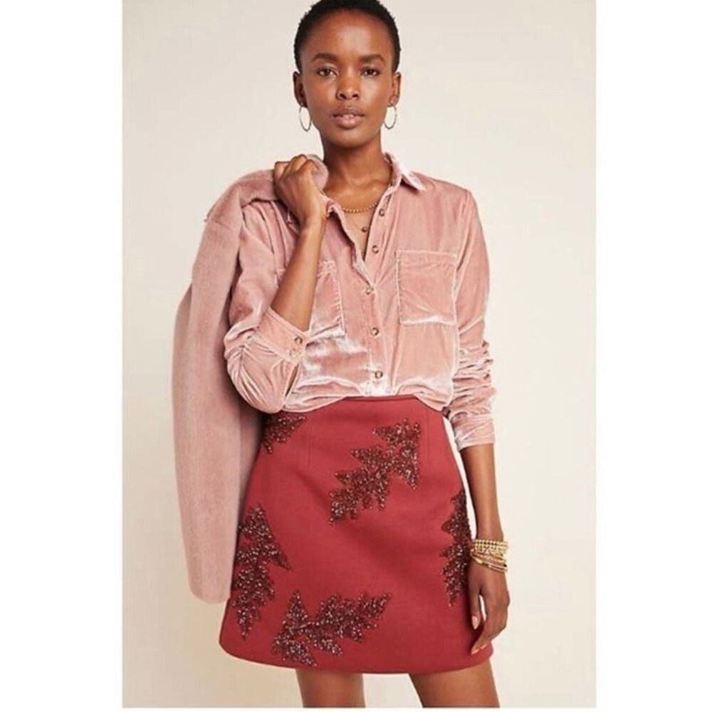 Maeve by Anthropologie Karina Velvet Button Down Shirt Size 0 pink barbiecore